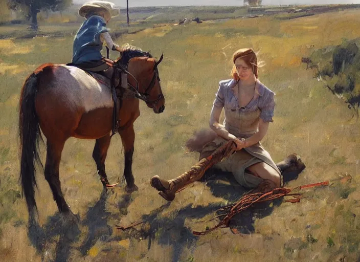 Prompt: a highly detailed beautiful portrait of jenny nicholson slaughtering a pony, by gregory manchess, james gurney, james jean