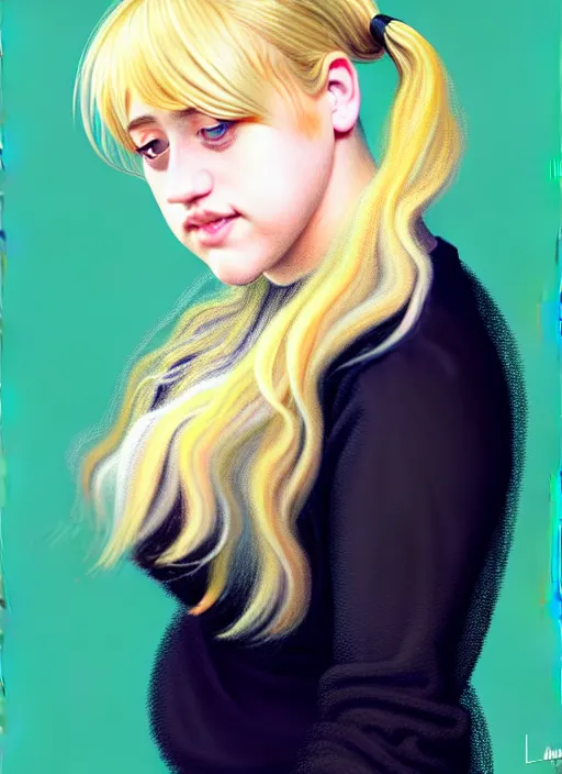 Image similar to full body portrait, teenage lili reinhart, blonde hair, obese, bangs, ponytail, sultry, realistic, sweater, fluffy bangs, fully clothed, curly bangs, fat, belly, intricate, elegant, highly detailed, digital painting, artstation, concept art, smooth, sharp focus, illustration, art by wlop, mars ravelo and greg rutkowski