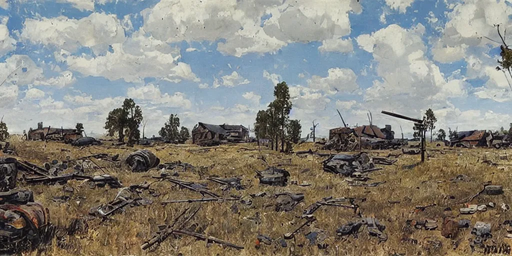 Image similar to aftermath of a battle on the Eastern Front, WW2, sunny day, painting by Isaac Levitan