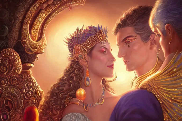 Image similar to close up moment of a divine a sun god and a moon goddess lovers magician at a wedding banquet, highly detailed, d & d, fantasy, highly detailed, digital painting, trending on artstation, concept art, sharp focus, illustration, art by artgerm and greg rutkowski and magali villeneuve