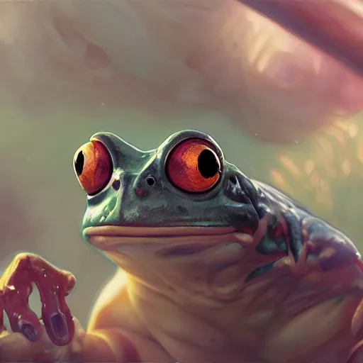 Image similar to highly detailed portrait of a muscular frog, stephen bliss, unreal engine, greg rutkowski, loish, rhads, beeple, makoto shinkai and lois van baarle, ilya kuvshinov, rossdraws, tom bagshaw, alphonse mucha, global illumination, detailed and intricate environment