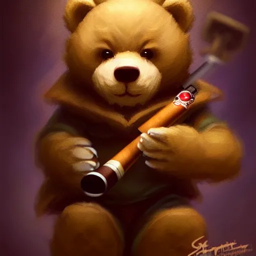 Image similar to cute little anthropomorphic Teddy Bear smoking a cigar, cover art, ultra wide lens shot , tiny, small, short, cute and adorable, pretty, beautiful, DnD character art portrait, matte fantasy painting, DeviantArt Artstation, by Jason Felix by Steve Argyle by Tyler Jacobson by Peter Mohrbacher, cinematic lighting