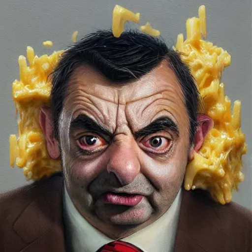 Image similar to hyper realistic, close up portrait of a derpy mr. bean, big chungus covered in wet mac and cheese by greg rutkowski, scott m fischer, artgerm, loish, slight glow, atmospheric