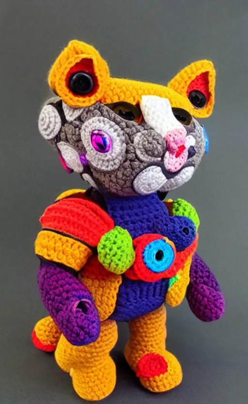 Prompt: multicolored crocheted cyborg cat