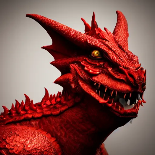 Image similar to portrait of anthropomorphic red fat dragon, no spikes, old, intricate details, octane render, unreal engine, studio light, 8 k