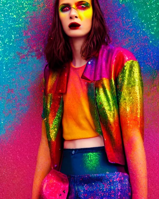 Prompt: hila klein, wearing an oufit made from rainbow glitter, weird expressionist pose, modern fashion, half body shot, photo by greg rutkowski, female beauty, f / 2 0, symmetrical face, warm colors, depth of field