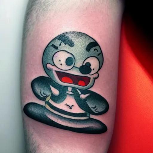 Prompt: small tattoo of cuphead character from the game cuphead, highly realistic, studio lighting