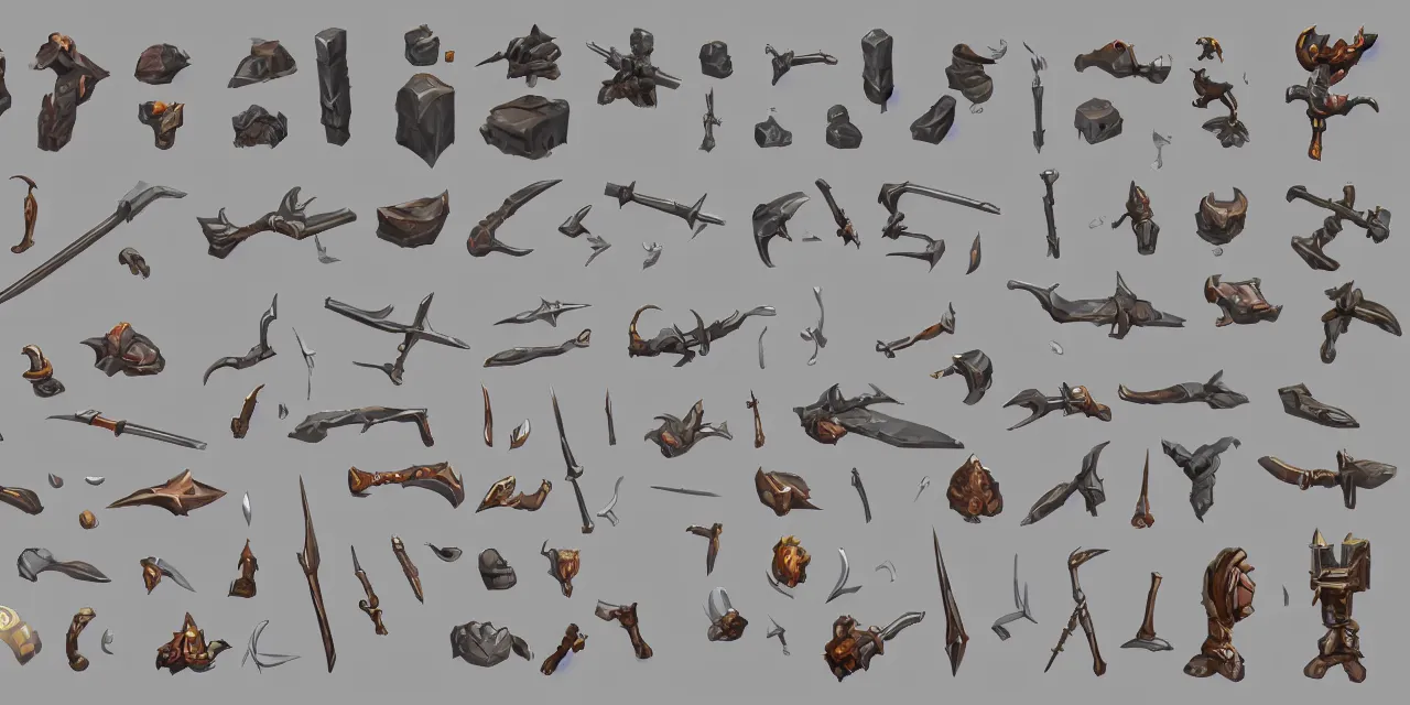 Prompt: game asset sheet, material study, 2 d sprite, weapons