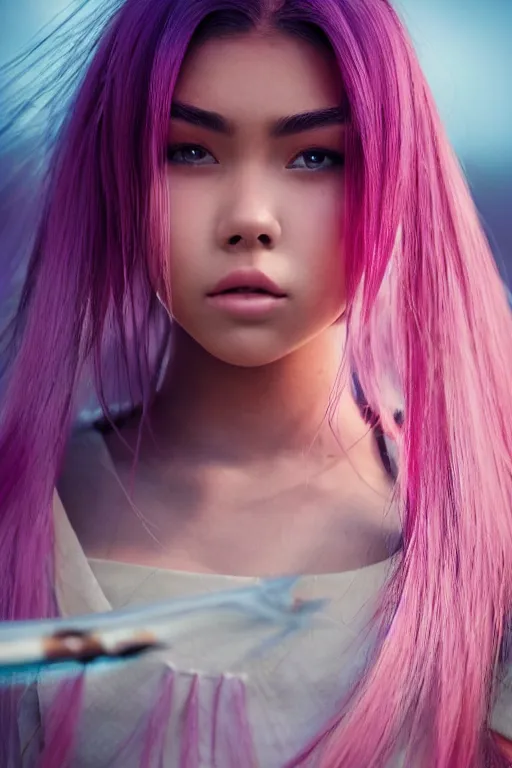 Image similar to highly detailed beautiful photo of madison beer as a young female samurai, practising her sword staces, symmetrical face, beautiful eyes, pink hair, realistic, 8 k, award winning photo, pastels colours, action photography, 1 / 1 2 5 shutter speed, sunrise lighting