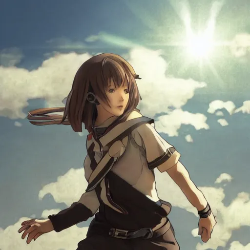 Prompt: a girl is running, sport clothing, last exile, anime style, brown short hair, hair down, symmetrical facial features, from arknights, hyper realistic, rule of thirds, extreme detail, detailed 4 k drawing, zerochan, realistic lighting, by alphonse mucha, greg rutkowski, backlit