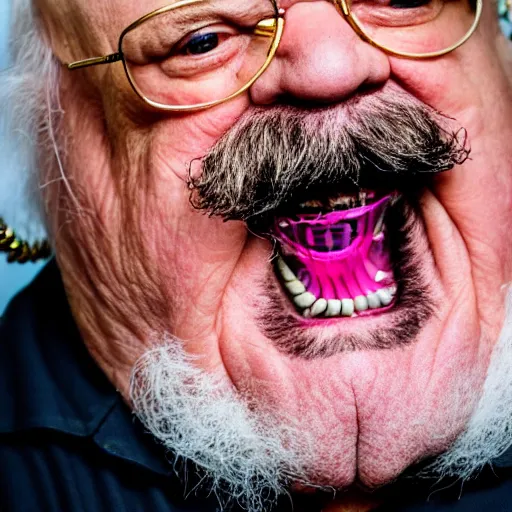 Image similar to dslr portrait photo still of!!! wilfred brimley!!! as a gangsta rapper with gold chains and gold teeth grills growling at camera and!!! showing his teeth!!!, 8 k, 8 5 mm f 1. 8