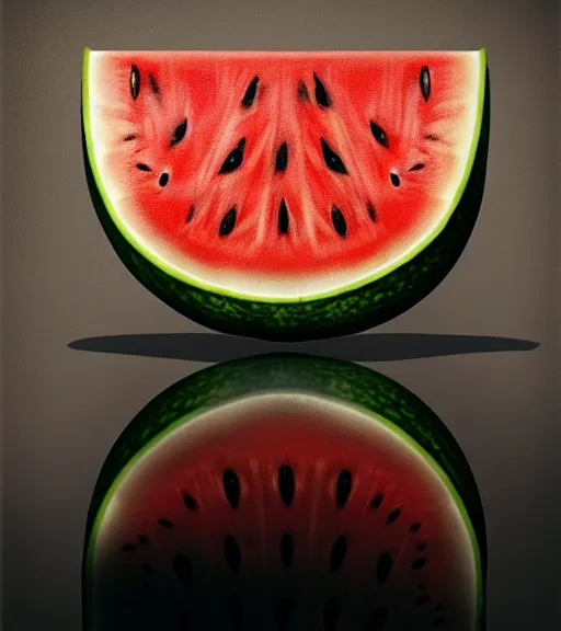 Prompt: portrait of a watermelon sitting upon a table with heightened detail, poised, intense emotion, detailed facial expression, detailed surroundings, intricate, elegant, highly detailed, centered, digital painting, artstation, concept art, smooth, sharp focus, illustration, by ( leonardo da vinci ), wlop