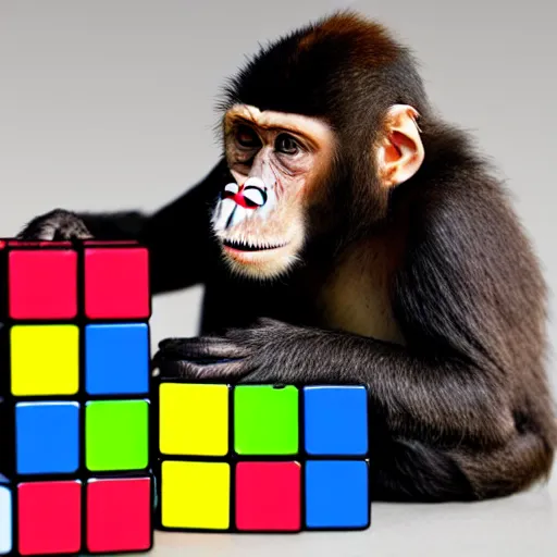 Image similar to a monkey attempts to solve a rubiks cube