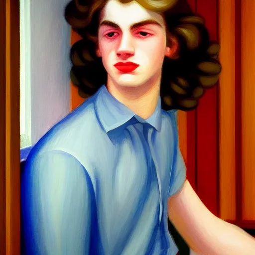 Prompt: A beautiful close-up of a young man with curly white long hair, dressed like in the 1940s, digital art by Edward Hopper, vibrant color scheme, highly detailed, in the style of romanticism, fine Art, high detail, great lighting, 8k resolution, masterpiece, concept art, illustration, clear eyes, soft lighting, soft details, painting oil on canvas, octane render, HDR, trending on artstation, 4k, 8k, HD