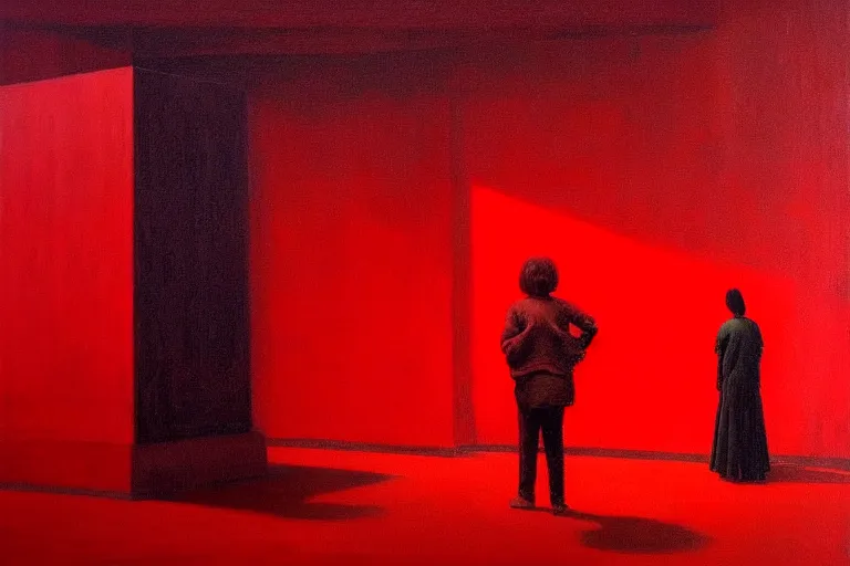 Image similar to only with red, crowd delirious at the sight of a painting, in a city square, in the style of beksinski, parts by edward hopper, parts by rodcenko, parts by yue minjun, intricate and epic composition, red by caravaggio, insanely quality, highly detailed, masterpiece, red light, artstation, 4 k