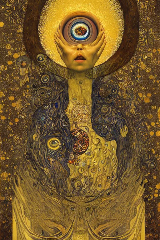 Image similar to The Misericorde by Karol Bak, Jean Deville, Gustav Klimt, and Vincent Van Gogh, otherworldly, fractal structures, arcane, prophecy, ornate gilded medieval icon, third eye, spirals