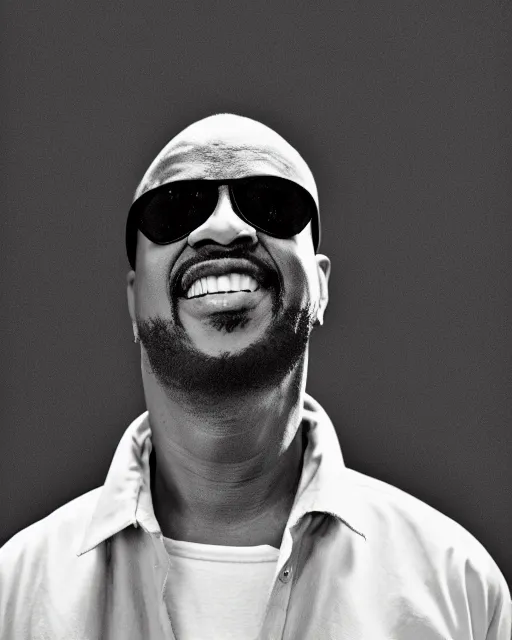 Prompt: Fully-clothed full-body candid portrait of Stevie Wonder, Canon EOS R5, 50mm, F1.4, black background, dark studio lighting, professional, 8K