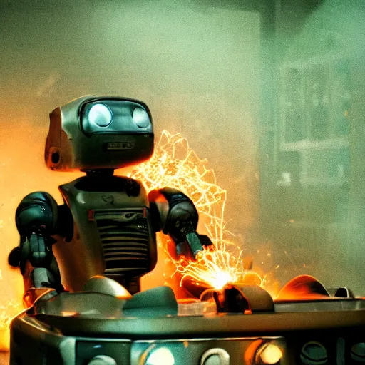 Image similar to toaster oven terminator robot, dark messy smoke - filled cluttered workshop, dark, dramatic lighting, orange tint, sparks, plasma charge, cinematic, highly detailed, sci - fi, futuristic, movie still