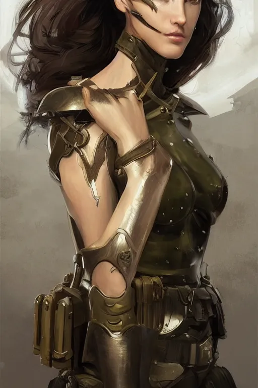 Image similar to a professionally painted portrait of an attractive young woman, clothed in military armor, olive skin, long dark hair, beautiful bone structure, symmetrical facial features, intricate, elegant, digital painting, trending on Artstation, concept art, smooth, sharp focus, illustration, from Metal Gear by Ruan Jia and Mandy Jurgens and Artgerm and William-Adolphe Bouguerea, award winning