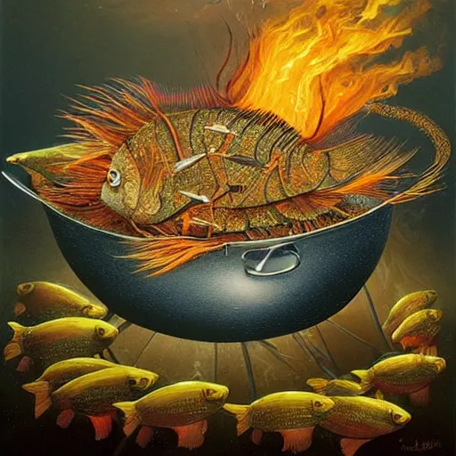 Image similar to surprised fish sitting on the top of a pile of fish, all the fish are inside a cooking pot on fire, side view, by vladimir kush, dystopian art, rococo