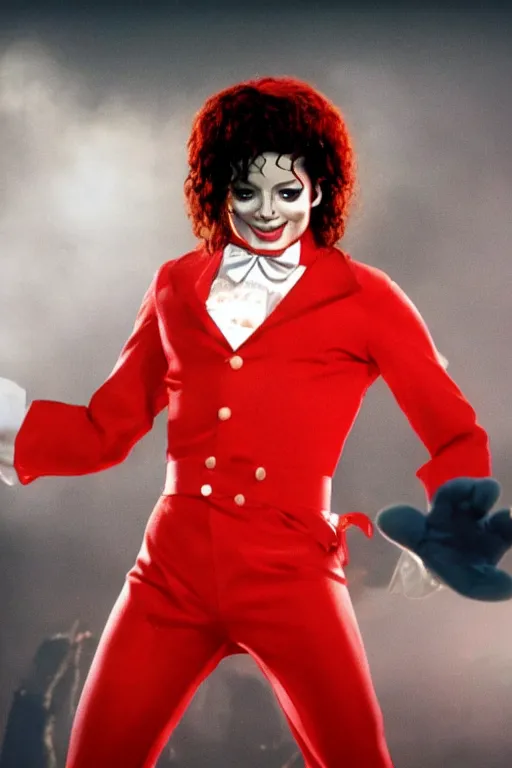 Image similar to film still of michael jackson as ronald mcdonald, full-shot, 4k