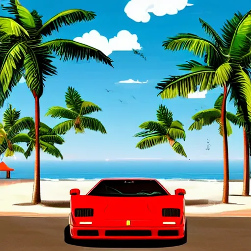 Prompt: a red Ferrari testarossa next to a white sand beach with palm trees. 16bit graphics. Outrun game