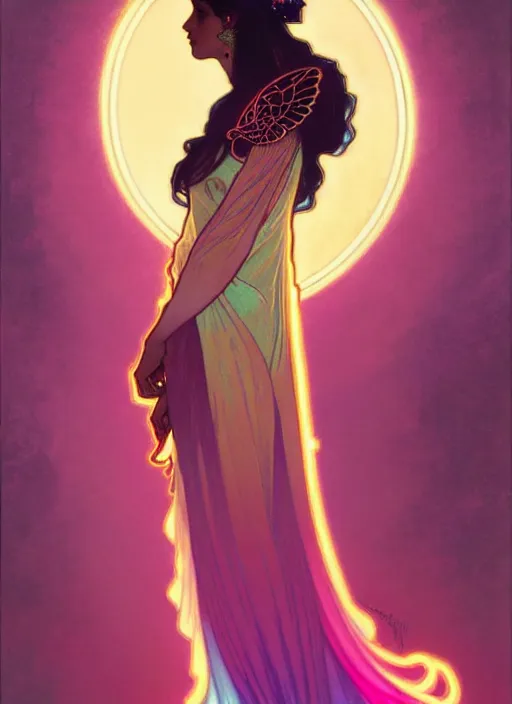 Prompt: ombre velvet gown, alphonse mucha, beautiful elegant woman with glowing wings, portrait, neon outline, long hair, tiara, dozens of jeweled necklaces, by greg rutkowski, brom, anato finnstark