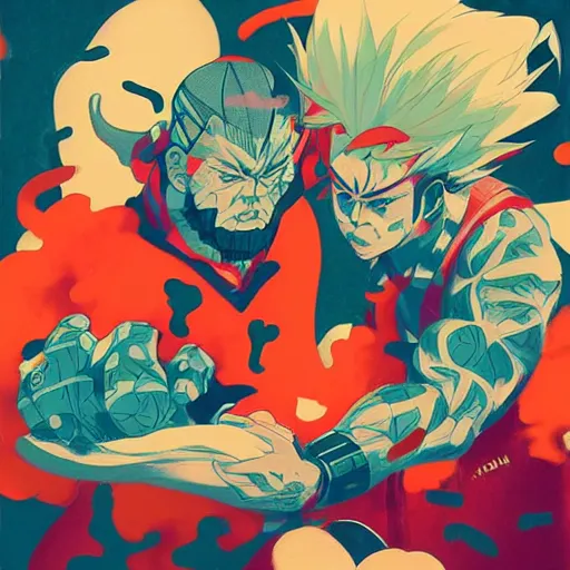 Prompt: Sketch of Akuma and Goken by Sachin Teng, asymmetrical, Organic Painting ,geometric shapes, hard edges, energetic, graffiti, street art:2 by Sachin Teng:4