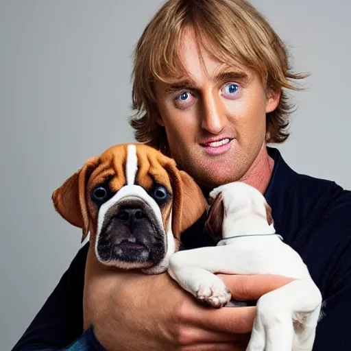 Prompt: 50mm photo, Owen Wilson holding a boxer puppy