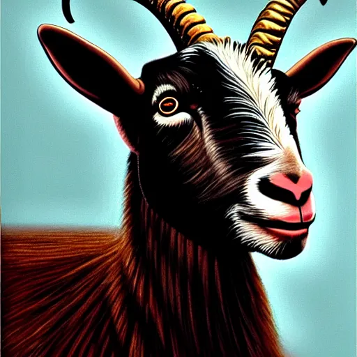 Prompt: detailed portrait of vladimir putin in the form of a goat with detailed big horns, with a pentagram on the background