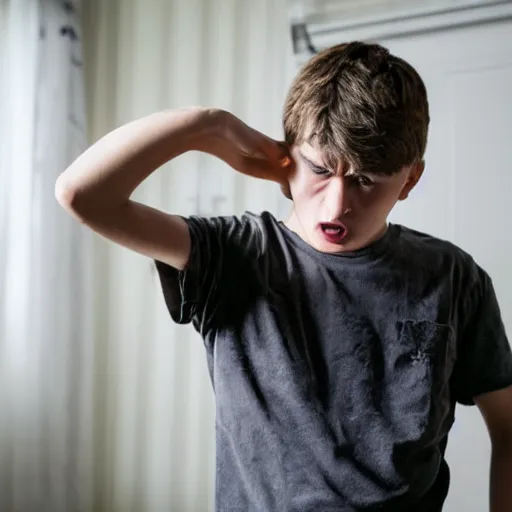 Prompt: an angry teen boy clening his room