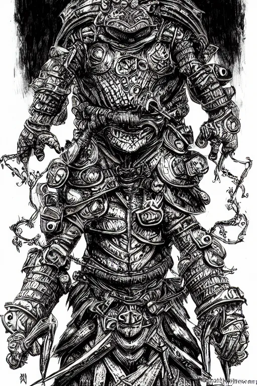 Prompt: humanoid toad warrior, wearing armour, swamp, symmetrical, highly detailed, digital art, sharp focus, trending on art station, kentaro miura manga art style