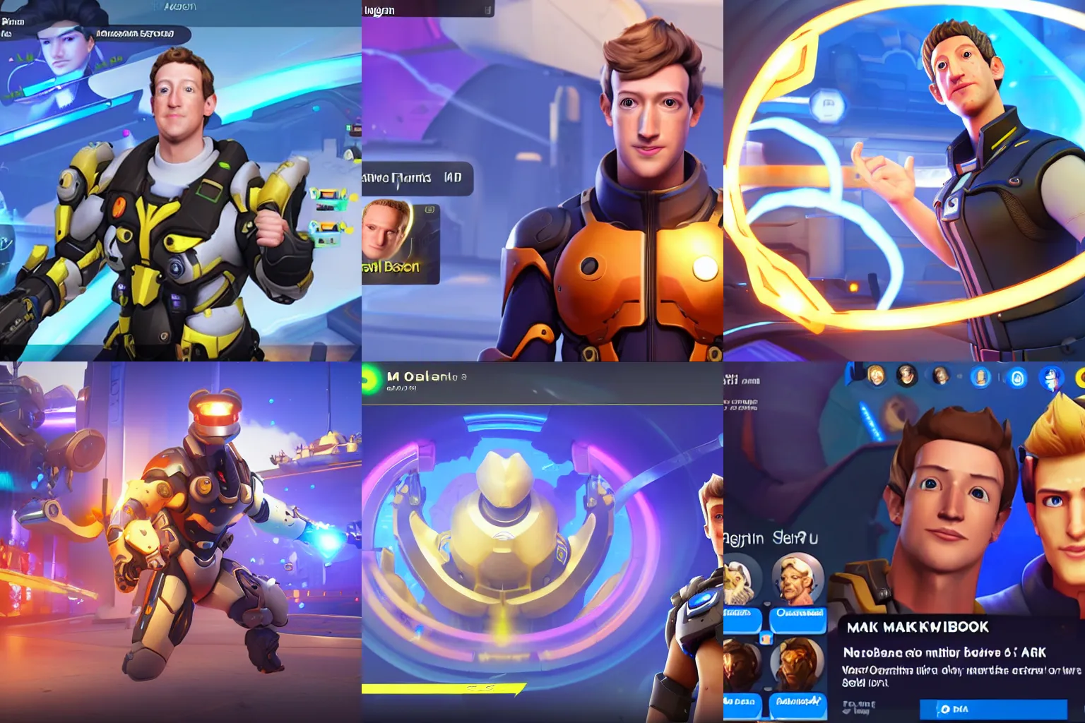 Prompt: Screenshot of Mark Zuckerberg in Overwatch hero selection screen