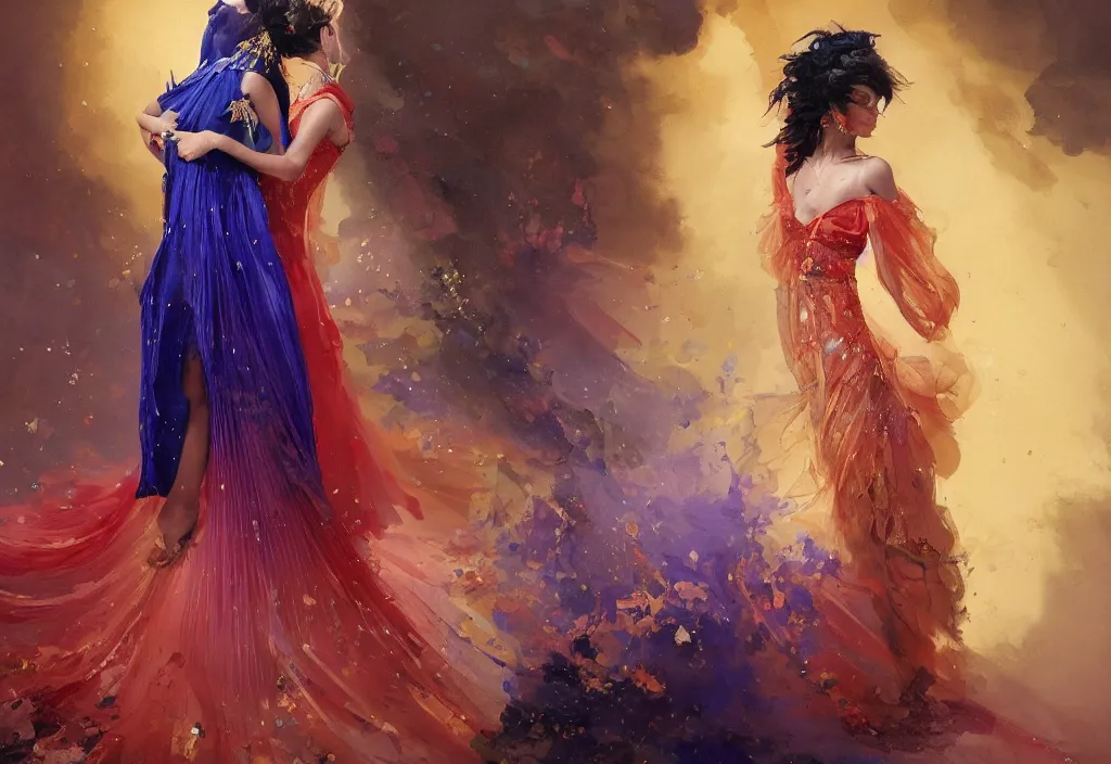 Image similar to full body portrait of a duo of 1 9 years old girl figures, oriental tattoos, jeweled ornament over forehead, subject wearing a pleated high fashion gown, flowing, beautiful, dramatic, cinematic lighting, ultramarine, lemon, fire red, few vivid purple highlights, visible brushstrokes, by greg rutkowski and jeremy mann, artstation, oil on canvas