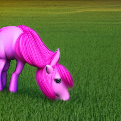 Prompt: a pink pony with pink hair standing in the grass, a 3 d render by pamphilus, featured on deviantart, photorealism, adafruit, hyper - realistic, rendered in maya