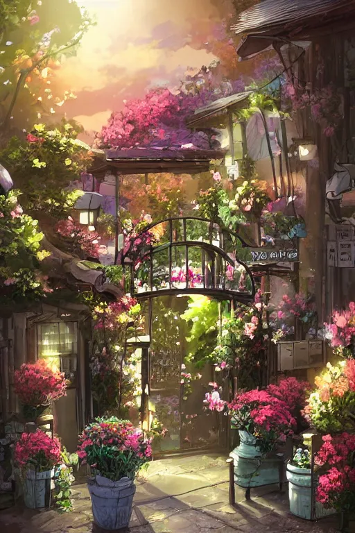 Image similar to a little flower shop's front gate, refreshing, digital illustration, pixiv, dramatic lighting