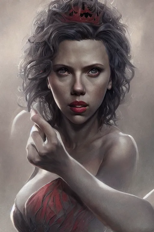 Image similar to Scarlett Johansson as the Queen of Hell , Highly Detailed anatomy, only two hands, highly detailed, digital painting, artstation, concept art, smooth, sharp focus, illustration, Unreal Engine 5, 8K, art by art by artgerm and greg rutkowski and edgar maxence