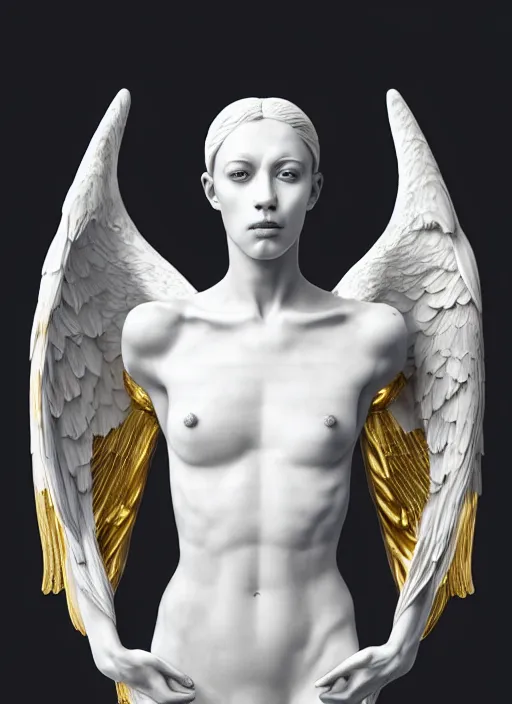 Image similar to a statue made of white marble with gold veins, of an beautiful gorgeous angel girl, full body shot, perfect symmetrical body, perfect symmetrical face, no eyes, hyper realistic, hyper detailed, fujicolor superia 1 6 0 0 photo, by johannen voss, by peter kemp, by monia merlo, by michelangelo octane render, blender, 8 k