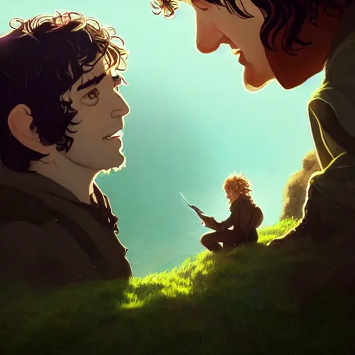 Image similar to Director Peter Jackson as Frodo Baggins, Frodo with Director Peter Jackson's beard, Frodo has Director Peter Jackson's eyes, ambient lighting, 4k, anime key visual, lois van baarle, ilya kuvshinov, rossdraws, artstation