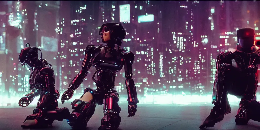 Prompt: Cyberpunk android chrome Robot fight movie escene, shot on imax, cinematic scene, CineStill 800T Film,