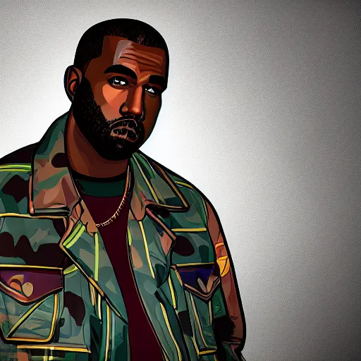 Prompt: illustration gta 5 artwork of kanye west, in the style of gta 5 loading screen, by stephen bliss