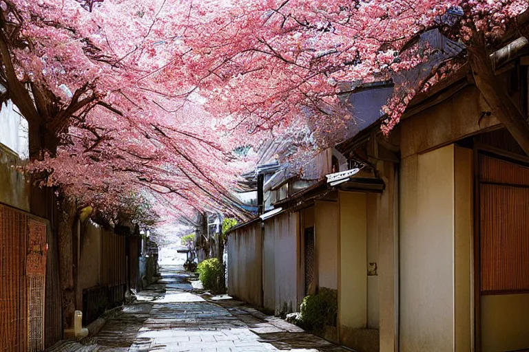 Prompt: beautiful Japanese alleyway with sakura trees by John Berkey, rule of thirds, beautiful, sharp focus