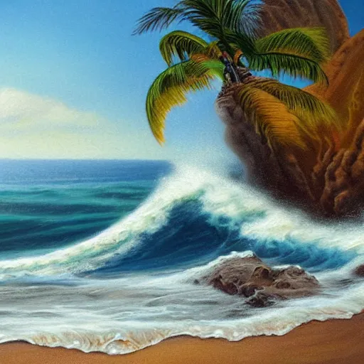 Image similar to beautiful waves crashing on the beach of hawaii, tropical setting, detailed oil painting, 1 9 2 0 ’ s colored pencil, highly detailed, highly accurate, deep aesthetic, 8 k, highly ornate intricate details, cinematic lighting, rich colors, beautiful scenic view, ray tracing, hyperrealistic, photorealistic, cinematic landscape, trending on artstation, concept art,