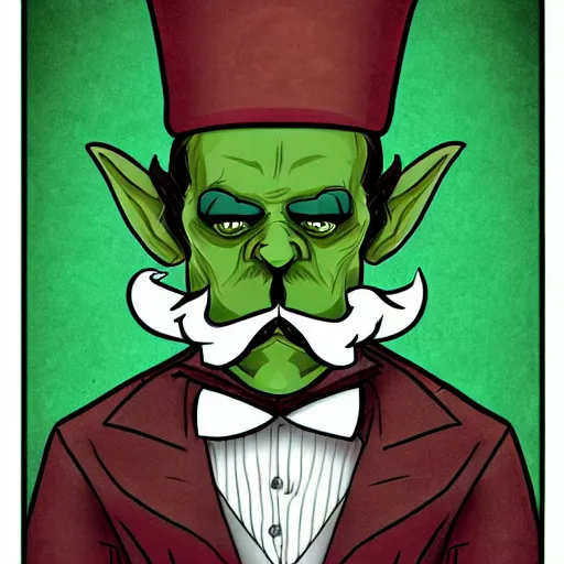 Image similar to a cartoonishly evil goblin, supervillain, top hat and luxurious handlebar moustache, green skin, cartoon style, d & d character portrait, victorian clothing, digital art, 8 k,