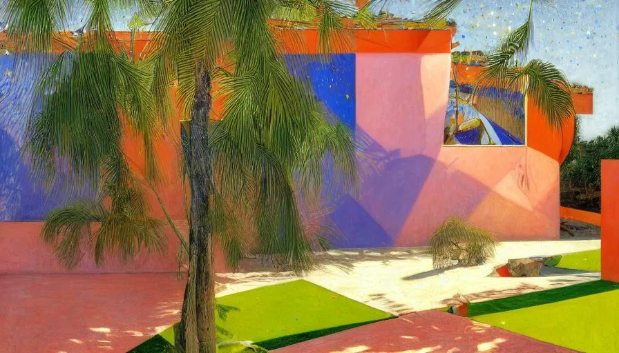 Image similar to a 1 9 9 8 southern spain house designed by arthur bispo do rosario, jules bastien - lepage, tarsila do amaral, frank weston and gustave baumann, trending on artstation, mediterranean, star, sharp focus, colorful refracted sparkles and lines, soft light, 8 k 4 k