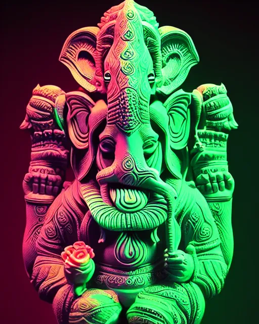 Prompt: 3 d ornate carved ganesha with profile portrait, sigma 5 0 0 mm f / 5. beautiful intricate highly detailed quetzalcoatl skull. neon green glow bioluminescent, plasma, lava, ice, creature, thunderstorm! artwork by tooth wu and wlop and beeple and greg rutkowski, 8 k trending on artstation