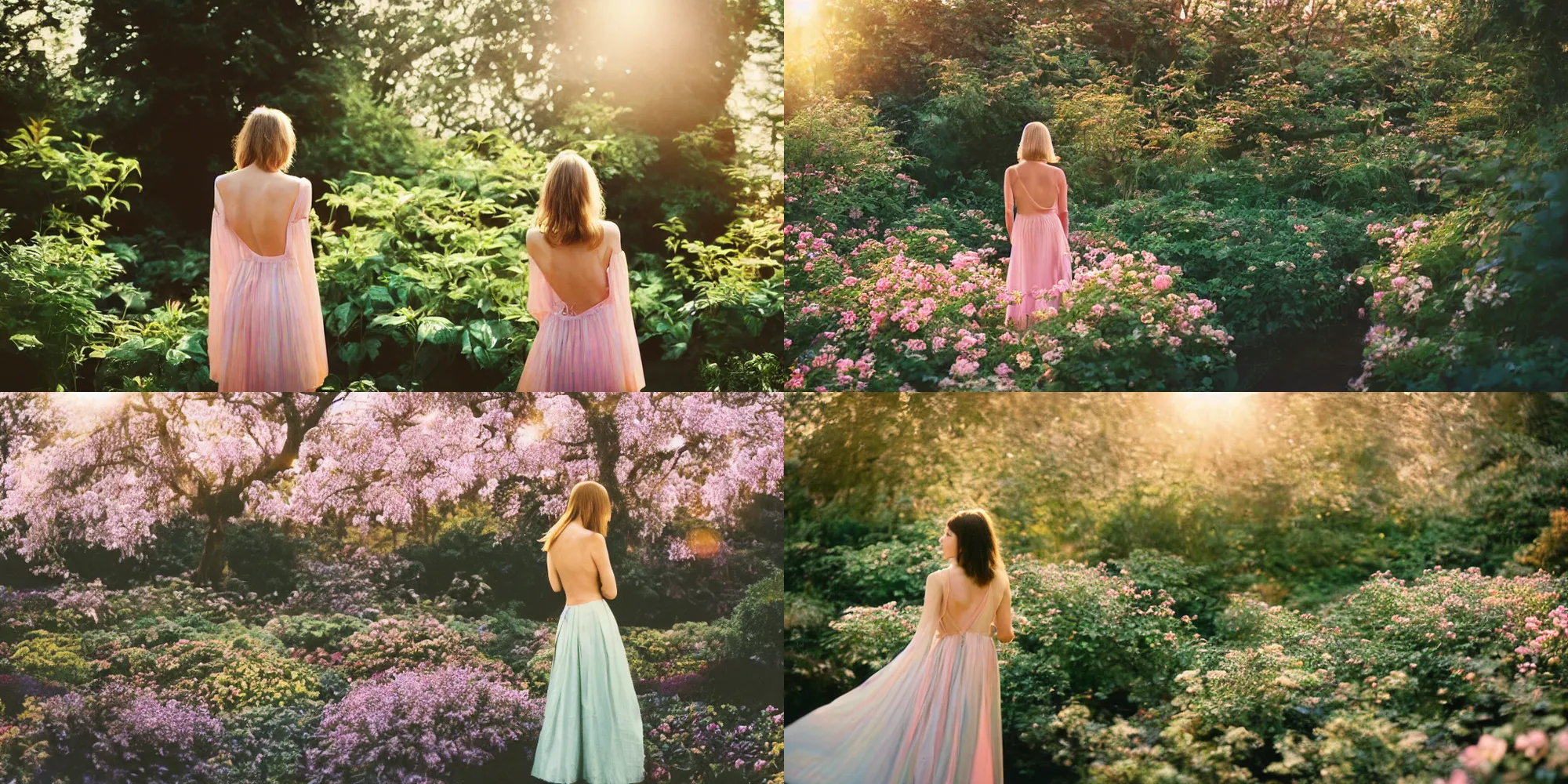Prompt: photograph of a beautiful!!! woman! from the back in a botanical garden by mark owen. pastel colors. kodak portra 4 0 0 film!!. whirl bokeh!. mamiya 7. highly detailed. hq. photoreal. golden hour. lens flare. faded film. in - frame