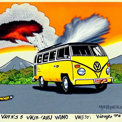 Image similar to a caricature drawing of a vw volkswagen bus, camper, bulli, type - 2, microbus, kombi, flying towards the camera, viewer, a vulcano is erupting in the background