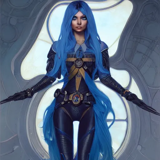 Image similar to Victoria Justice with blue hair as Commander Shepard, western, D&D, fantasy, intricate, elegant, highly detailed, digital painting, artstation, concept art, matte, sharp focus, illustration, art by Artgerm and Greg Rutkowski and Alphonse Mucha