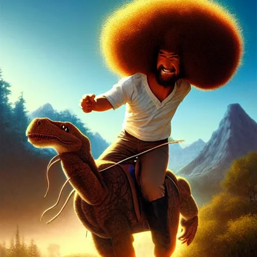 Image similar to bob ross!!! riding!!! a dinosaur!!, giant afro!, model pose, ultra realistic, concept art, intricate details, highly detailed, photorealistic, octane render, 8 k, unreal engine. art by artgerm and greg rutkowski and alphonse mucha